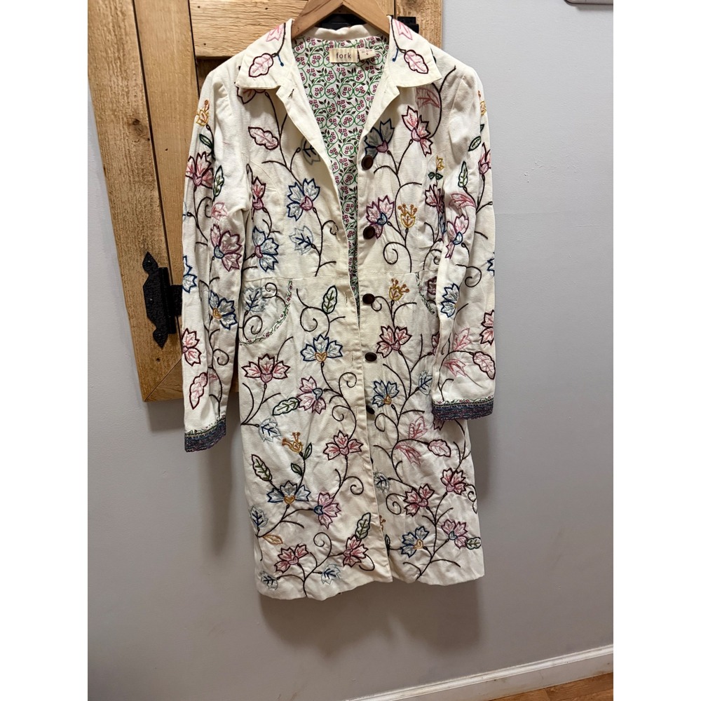 Fork Floral Embroidered Cotton Trench Coat Ivory Longline Boho Jacket Size 6